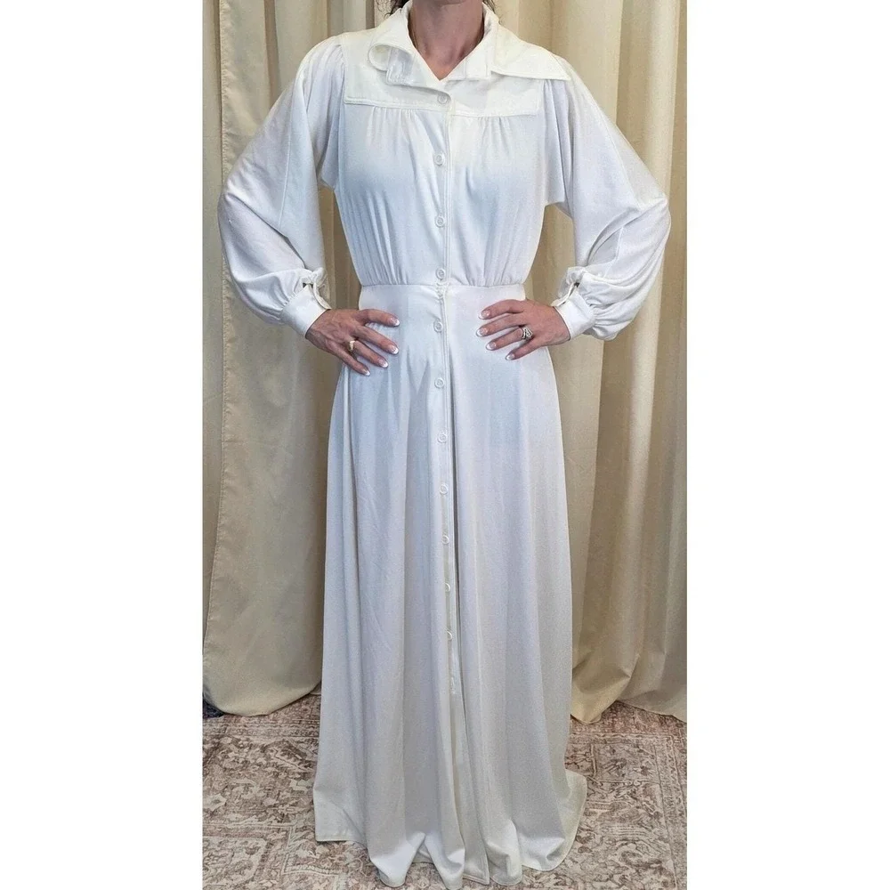Neiman Marcus vintage Maxi Dress Long Sleeve Button Front‎ Collared White xs/sm - Picture 2 of 11